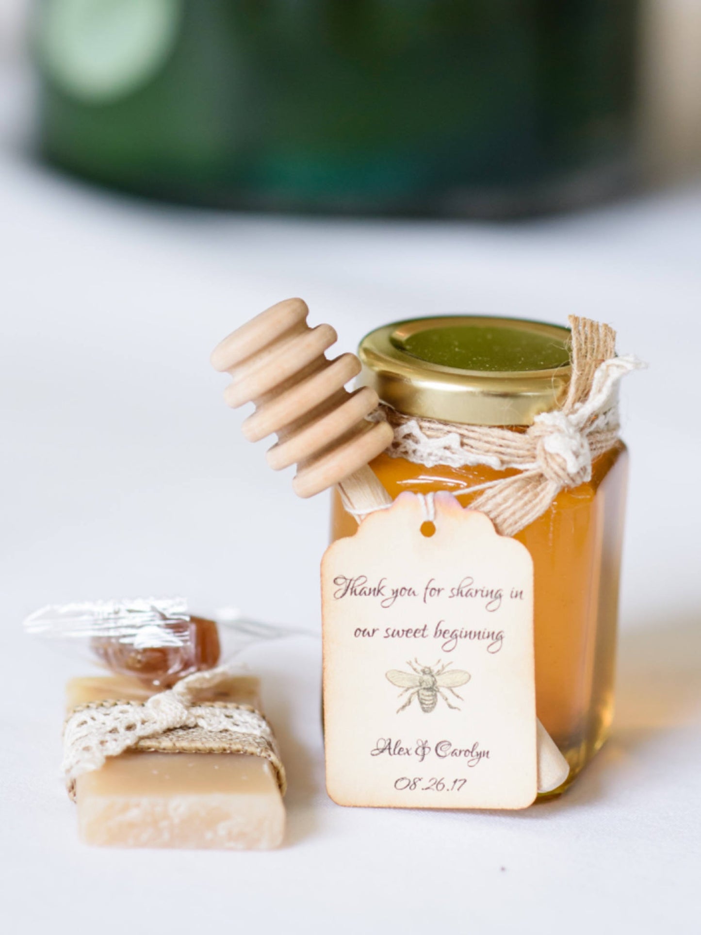 Honey Favor With Wooden Dipper and Custom Hangtag- VT Honey-Belle Savon Vermont