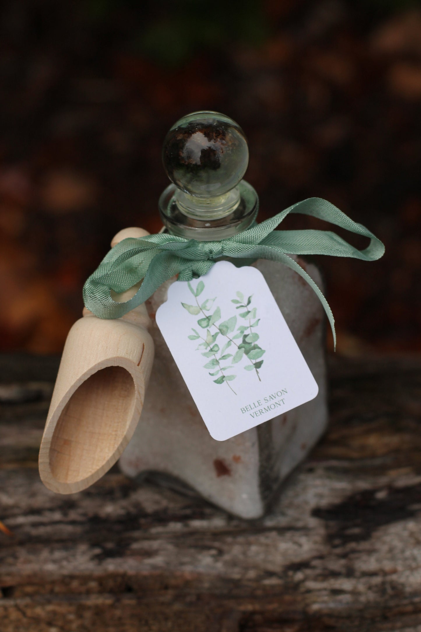 Aromatherapy Bath Soak-8.5oz Glass Bottle with Glass Top and Wooden MIni Scoop-Belle Savon Vermont