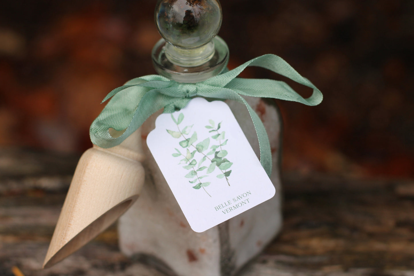 Aromatherapy Bath Soak-8.5oz Glass Bottle with Glass Top and Wooden MIni Scoop-Belle Savon Vermont