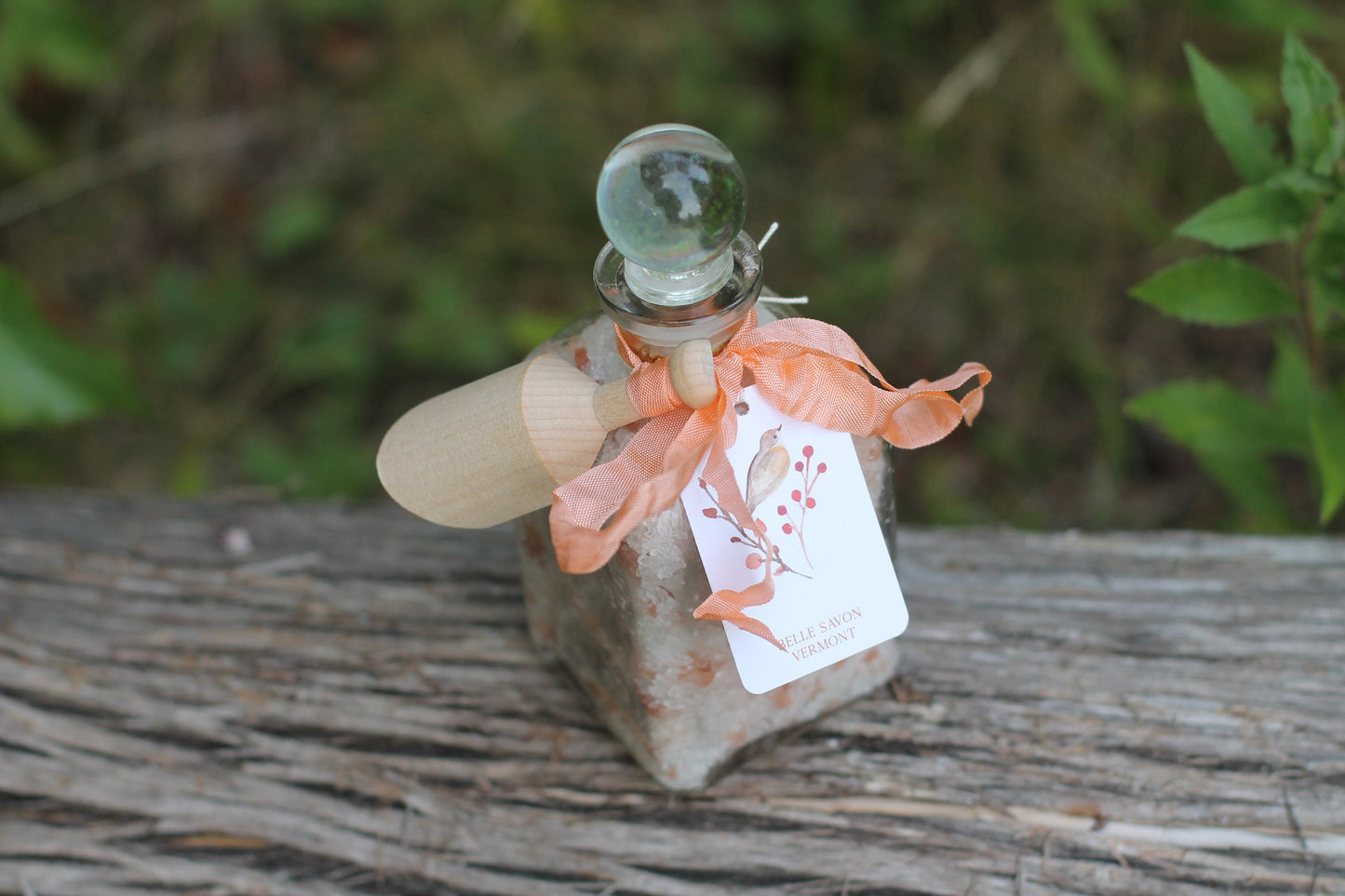 Aromatherapy Bath Soak-8.5oz Glass Bottle with Glass Top and Wooden MIni Scoop-Belle Savon Vermont