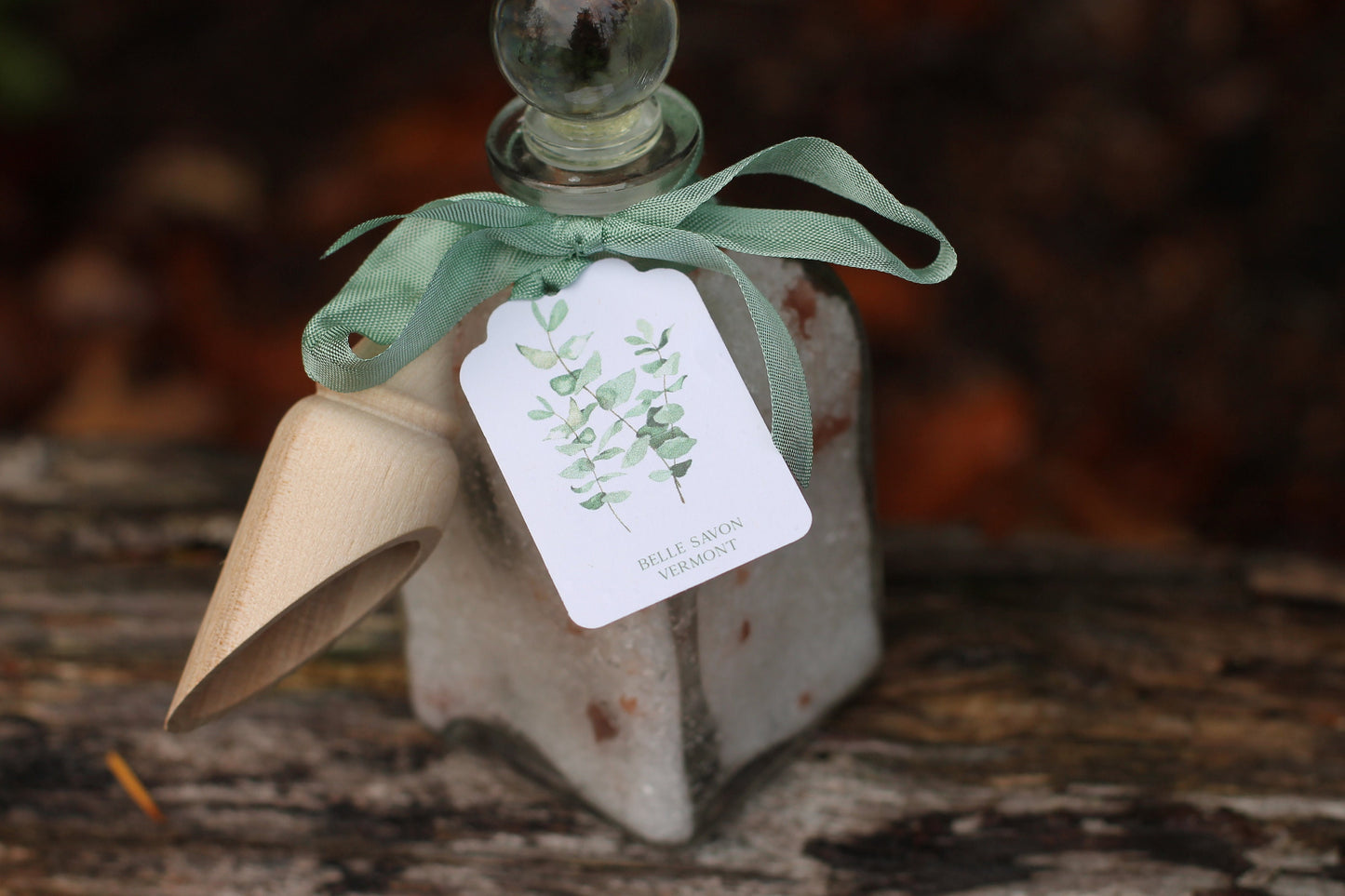 Aromatherapy Bath Soak-8.5oz Glass Bottle with Glass Top and Wooden MIni Scoop-Belle Savon Vermont