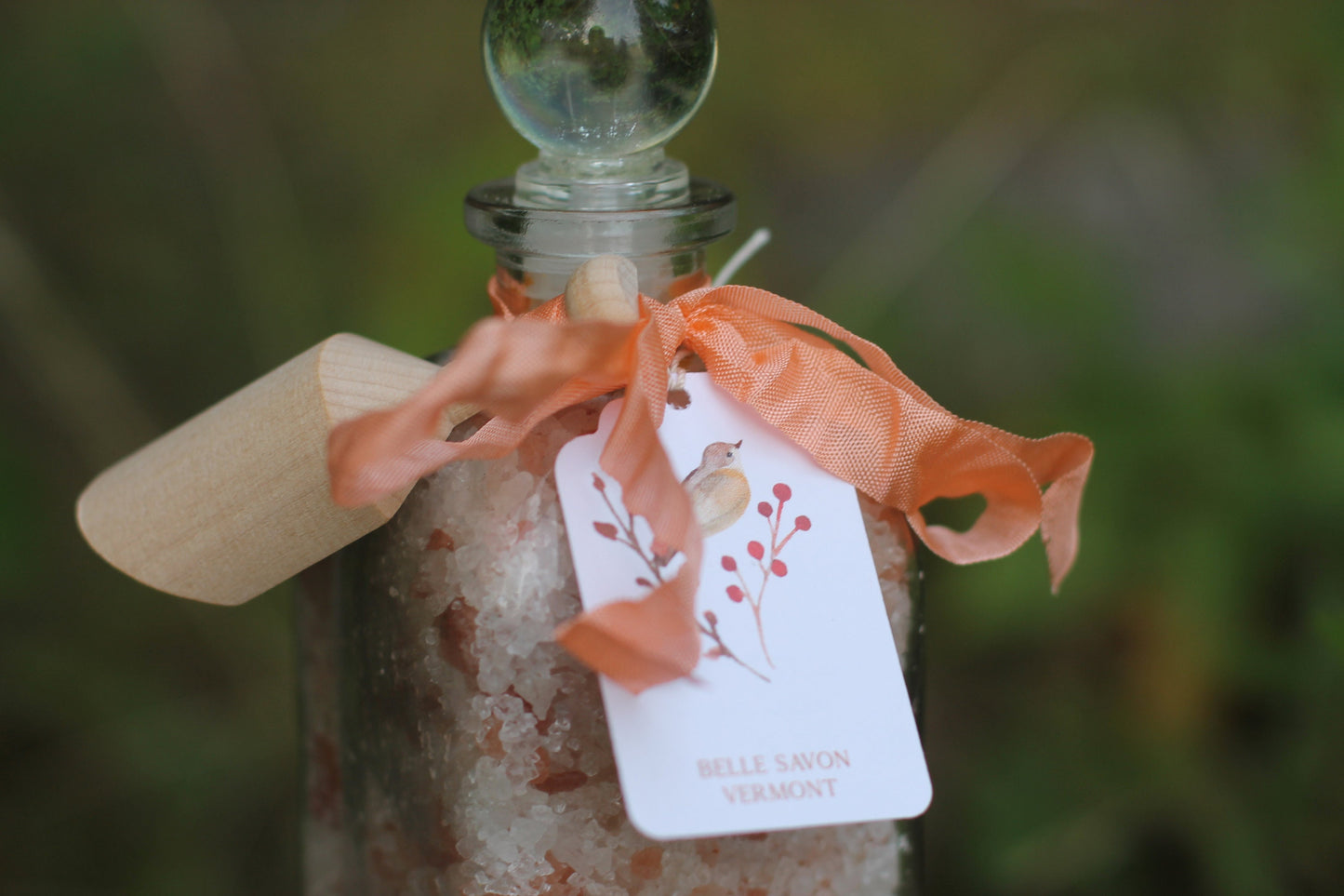Aromatherapy Bath Soak-8.5oz Glass Bottle with Glass Top and Wooden MIni Scoop-Belle Savon Vermont
