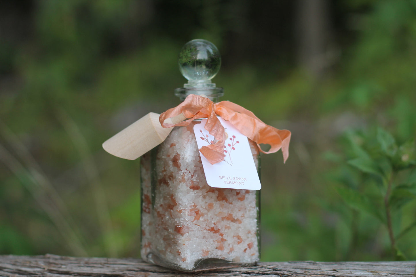 Aromatherapy Bath Soak-8.5oz Glass Bottle with Glass Top and Wooden MIni Scoop-Belle Savon Vermont