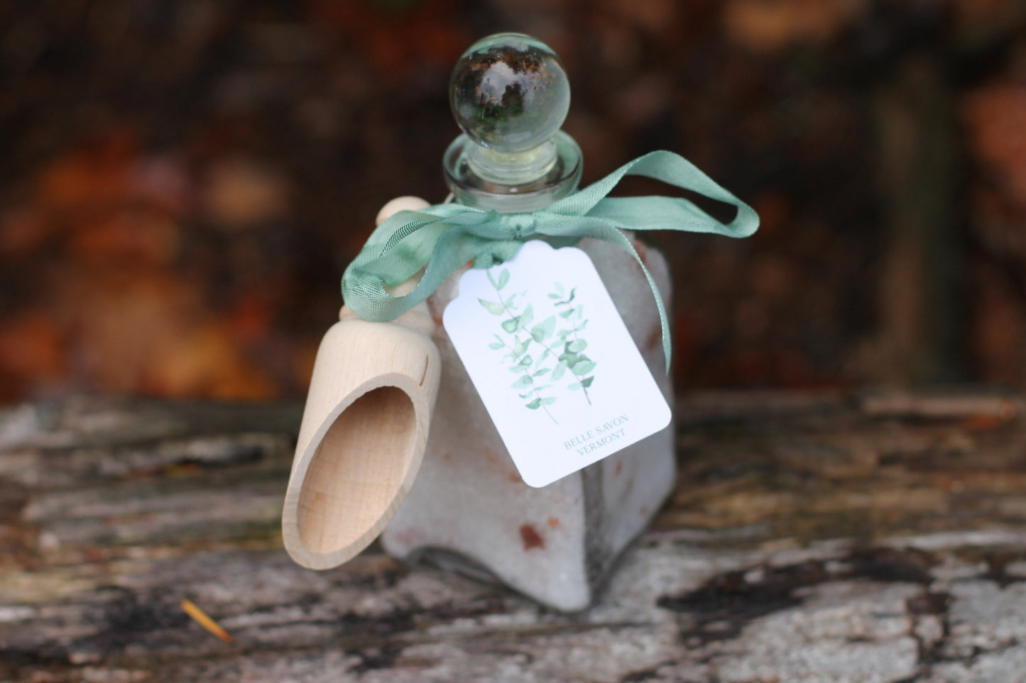 Aromatherapy Bath Soak-8.5oz Glass Bottle with Glass Top and Wooden MIni Scoop-Belle Savon Vermont