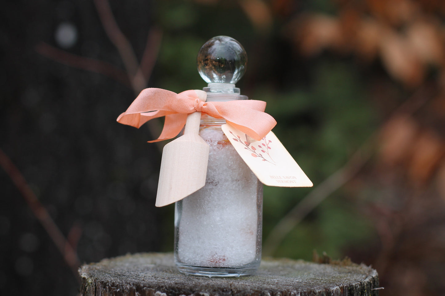 Aromatherapy Bath Soak-3oz Glass Bottle with Glass Top and Wooden MIni Scoop-Belle Savon Vermont
