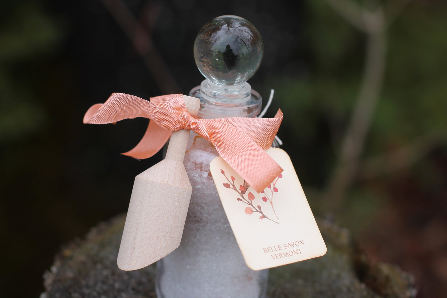 Aromatherapy Bath Soak-3oz Glass Bottle with Glass Top and Wooden MIni Scoop-Belle Savon Vermont