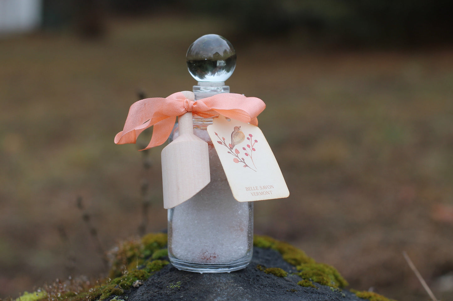 Aromatherapy Bath Soak-3oz Glass Bottle with Glass Top and Wooden MIni Scoop-Belle Savon Vermont