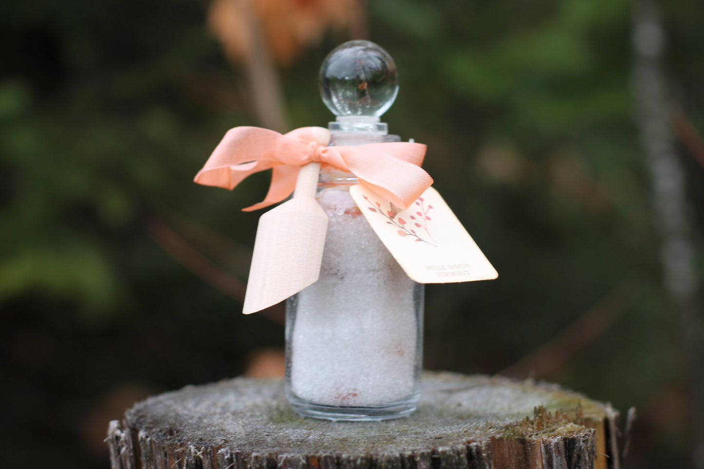Aromatherapy Bath Soak-3oz Glass Bottle with Glass Top and Wooden MIni Scoop-Belle Savon Vermont