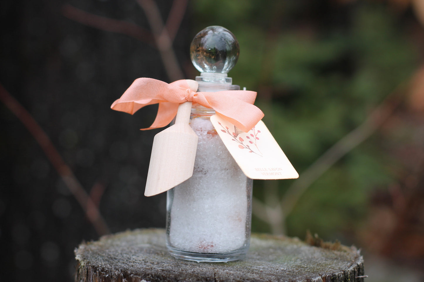 Aromatherapy Bath Soak-3oz Glass Bottle with Glass Top and Wooden MIni Scoop-Belle Savon Vermont