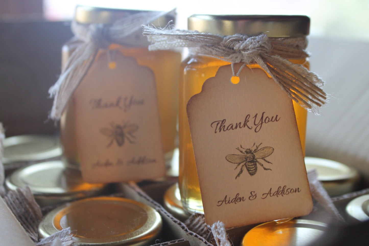 Honey Favor With Wooden Dipper and Custom Hangtag- VT Honey-Belle Savon Vermont