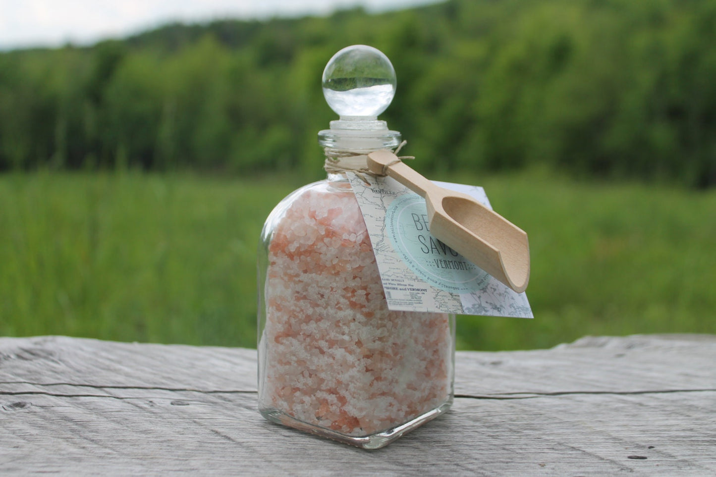 Aromatherapy Bath Soak-8.5oz Glass Bottle with Glass Top and Wooden MIni Scoop-Belle Savon Vermont