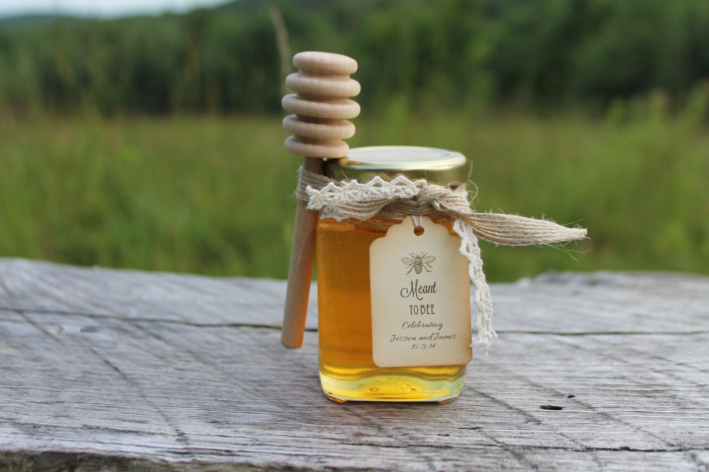 Honey Favor With Wooden Dipper and Custom Hangtag- VT Honey-Belle Savon Vermont