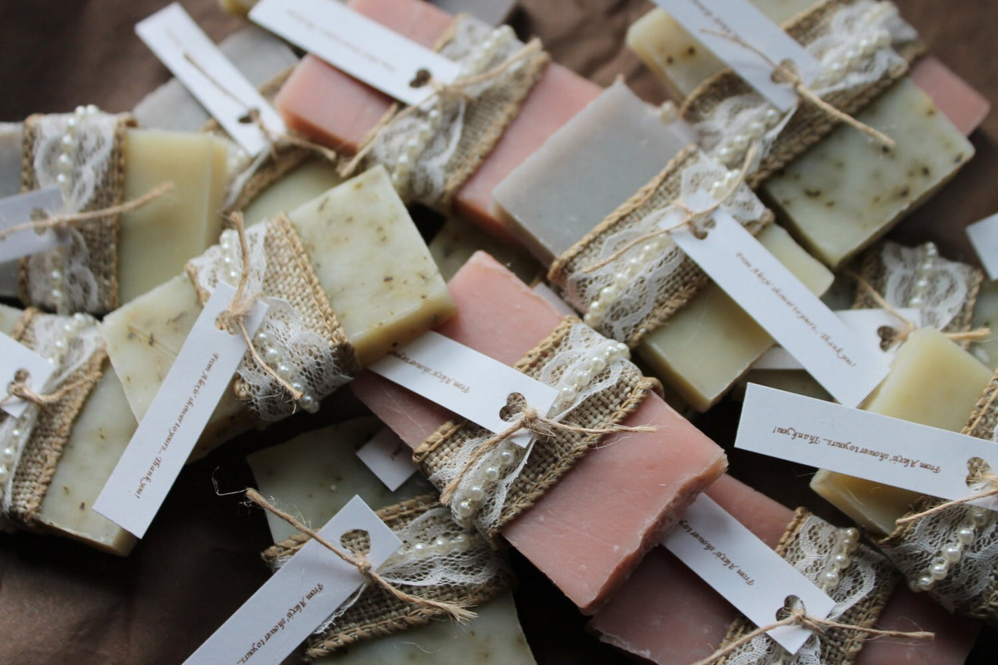 Soap Favors- Weddings- Bridal-Baby-Showers-Burlap, Lace and Pearls-Rustic-French Chic- Country- Belle Savon Vermont