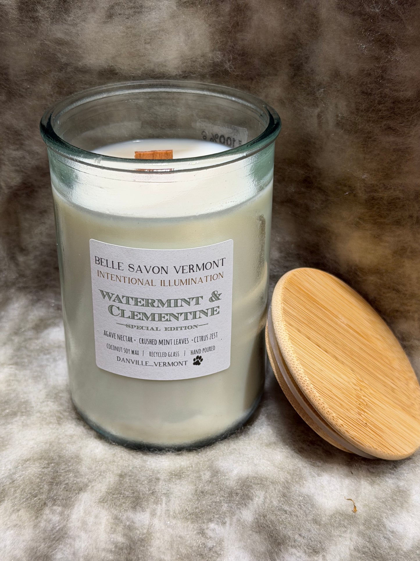 Vermont Candle Wooden Wick 13oz Candle, 100% Recycled Glass with Bamboo Lid-Paraffin Free!!