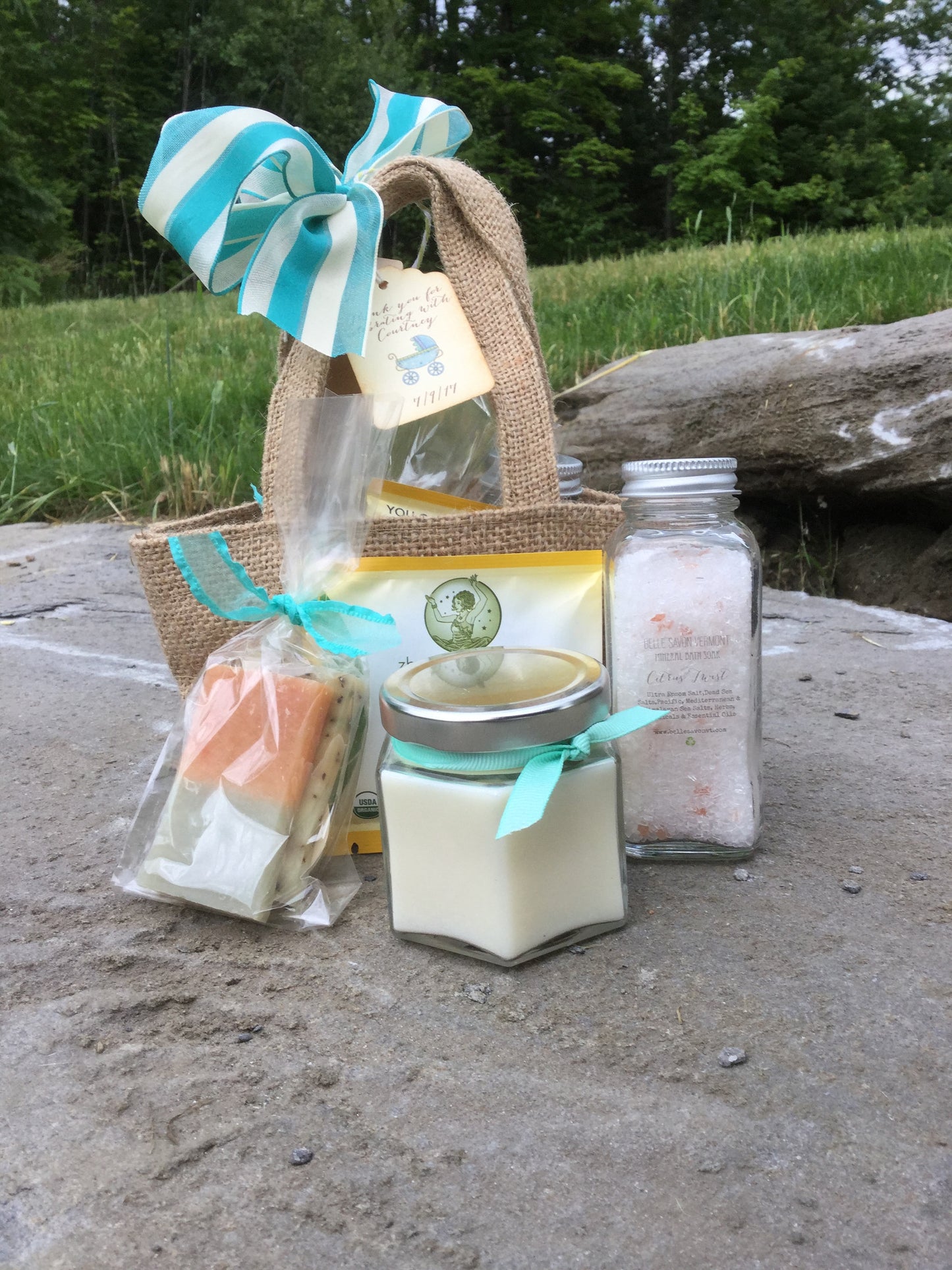 Pamper Me Spa Set with Mineral Bath, Soap, Candle and Tea -Artisan Soap and Bath Salts-Weddings-Bridal-Baby Showers-Belle Savon Vermont