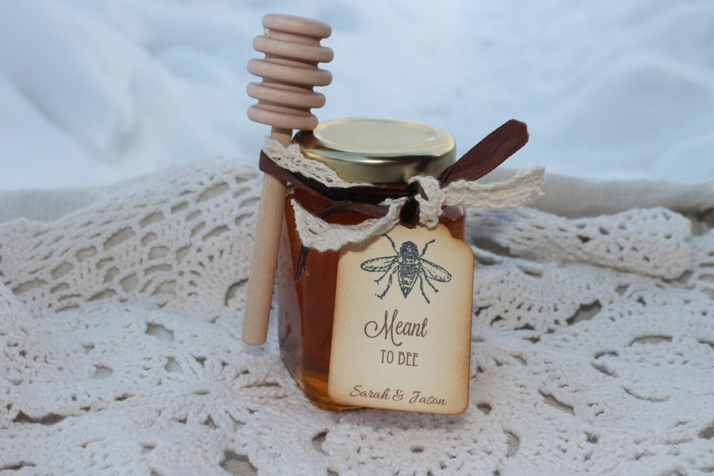 Honey Favor With Wooden Dipper and Custom Hangtag- VT Honey-Belle Savon Vermont