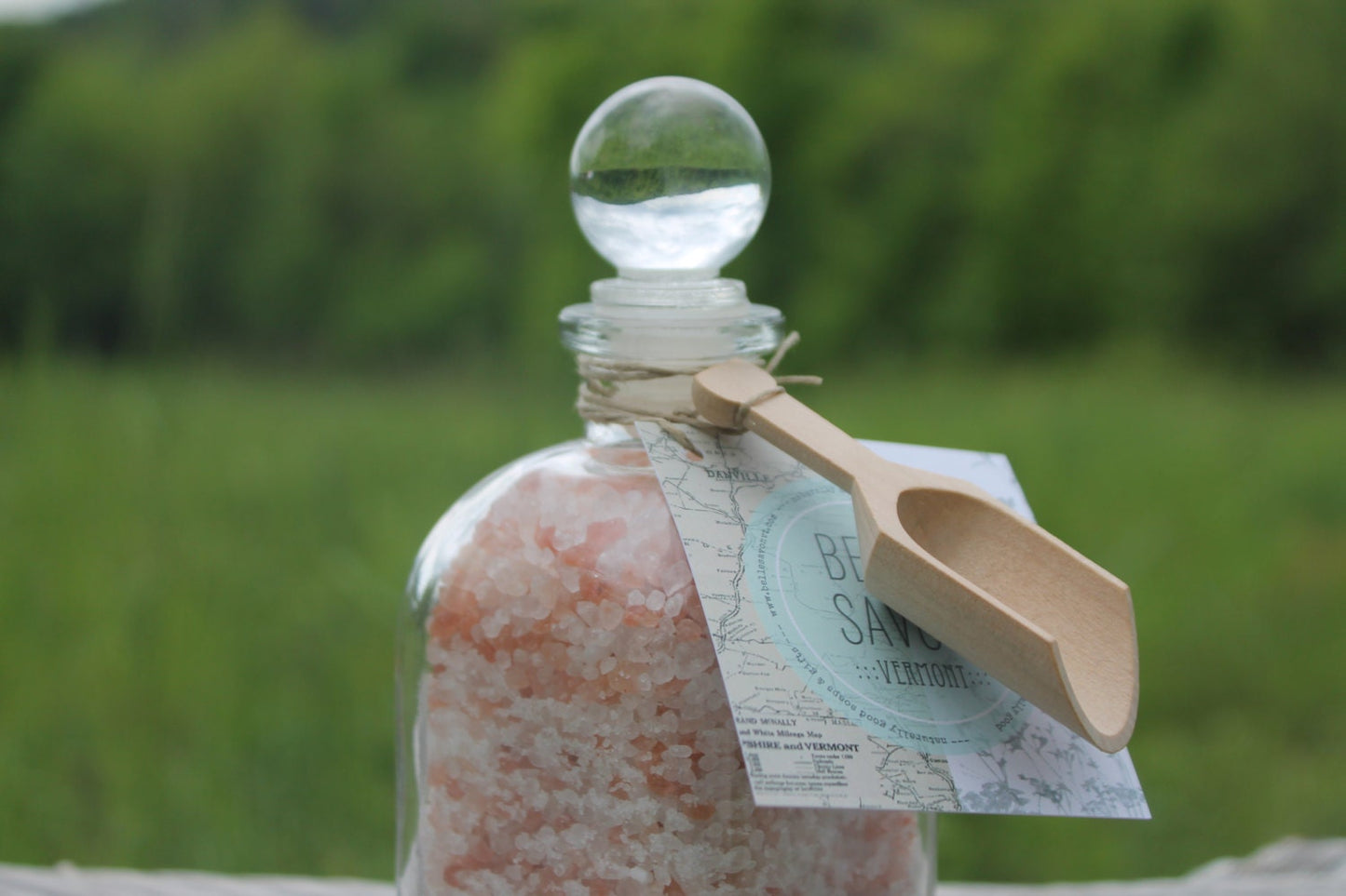 Aromatherapy Bath Soak-8.5oz Glass Bottle with Glass Top and Wooden MIni Scoop-Belle Savon Vermont