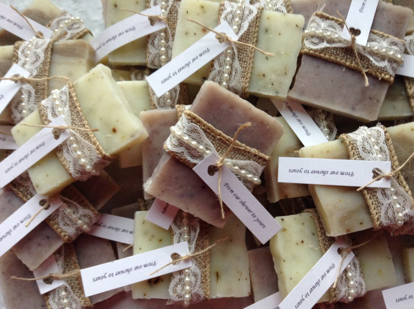 Soap Favors- Weddings- Bridal-Baby-Showers-Burlap, Lace and Pearls-Rustic-French Chic- Country- Belle Savon Vermont