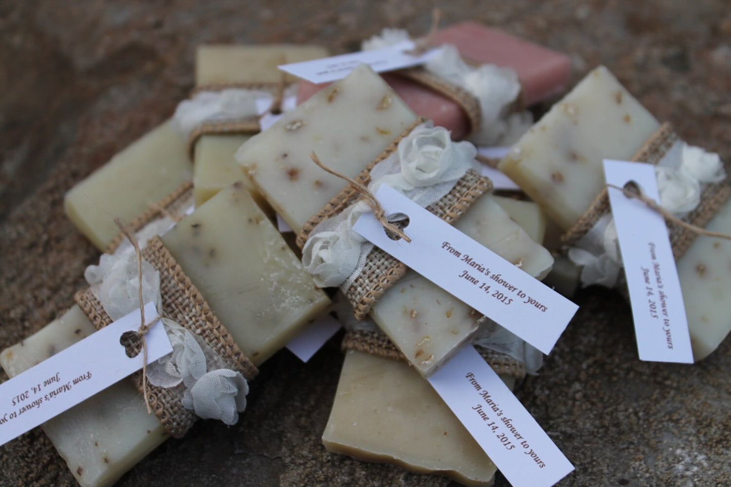 Vintage Style Soap Favors- Weddings- Bridal-Baby-Showers-Victorian-Burlap and Rosettes-Rustic-French Chic- Country- Belle Savon Vermont